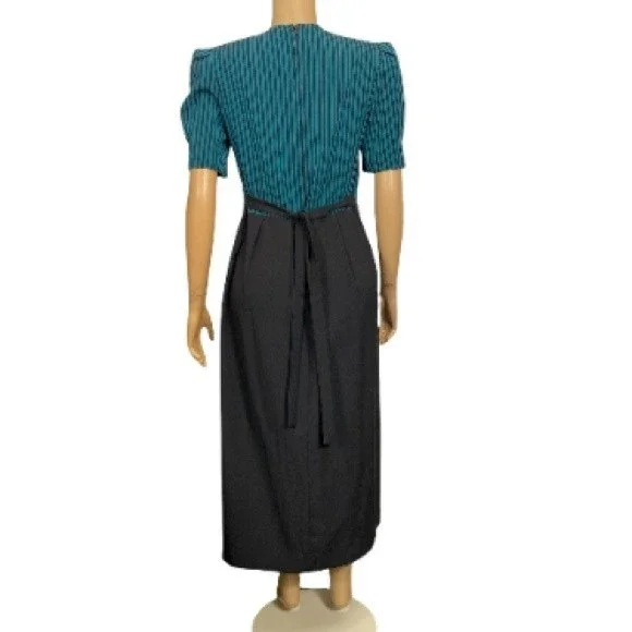 80s Miss Dorby DressTie Back Midi Black Green striped short sleeves size 10 - Picture 3 of 15